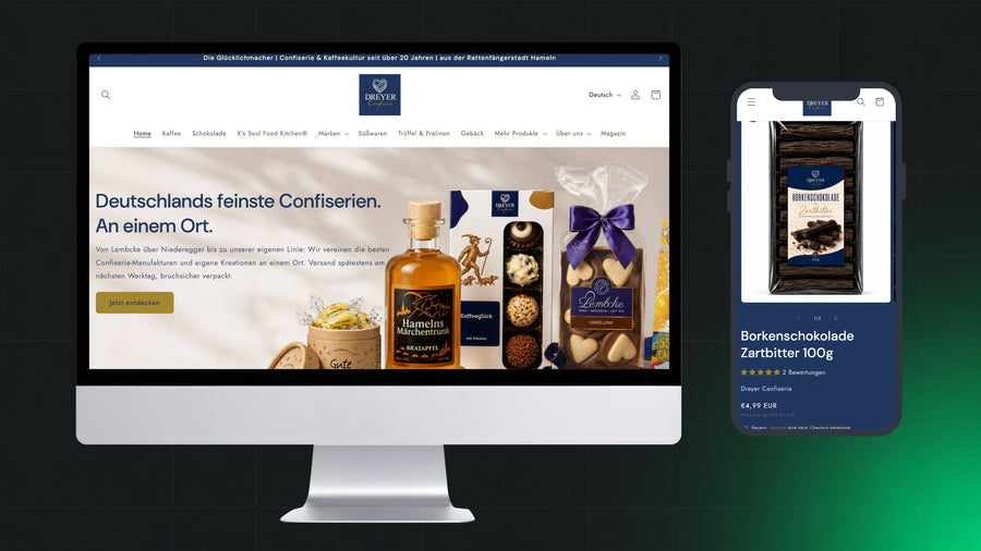 Startseite und Produktseite des Onlineshops von Dreyer Confiserie auf Monitor und Smartphone